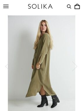 SOLIKA olive green cupro button up long sleeve midi shirt dress